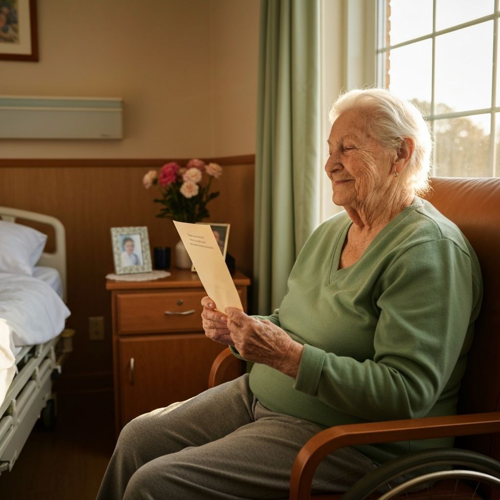 Elderly resident peacefully reading letter in nursing home room