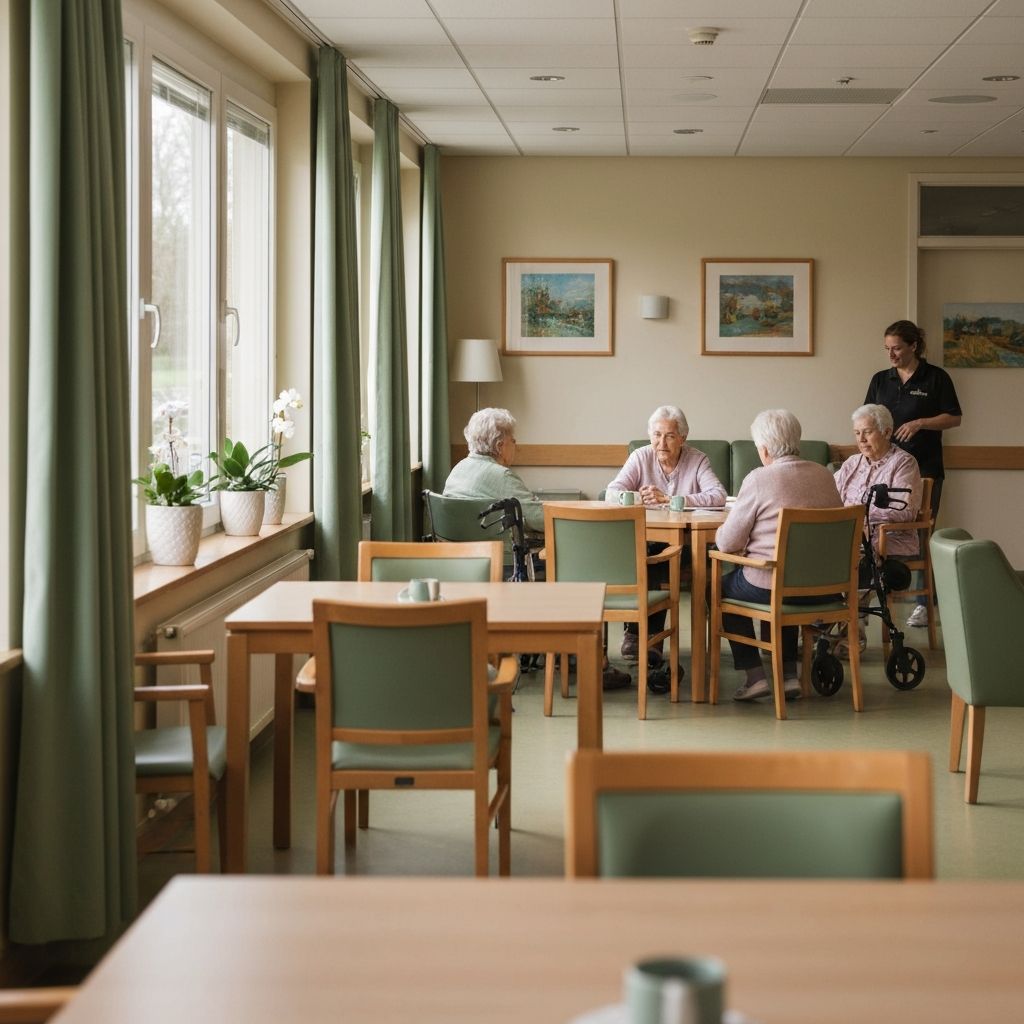 Nursing home common area with residents and caring staff